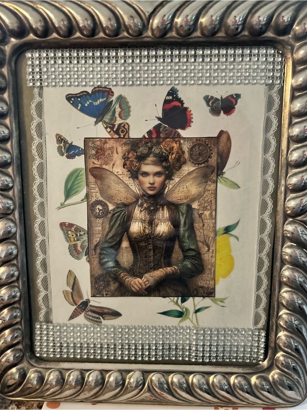 Fairy Butterfly Wall Art Print in Vintage silver-Tone Frame handcrafted 🦋😊
